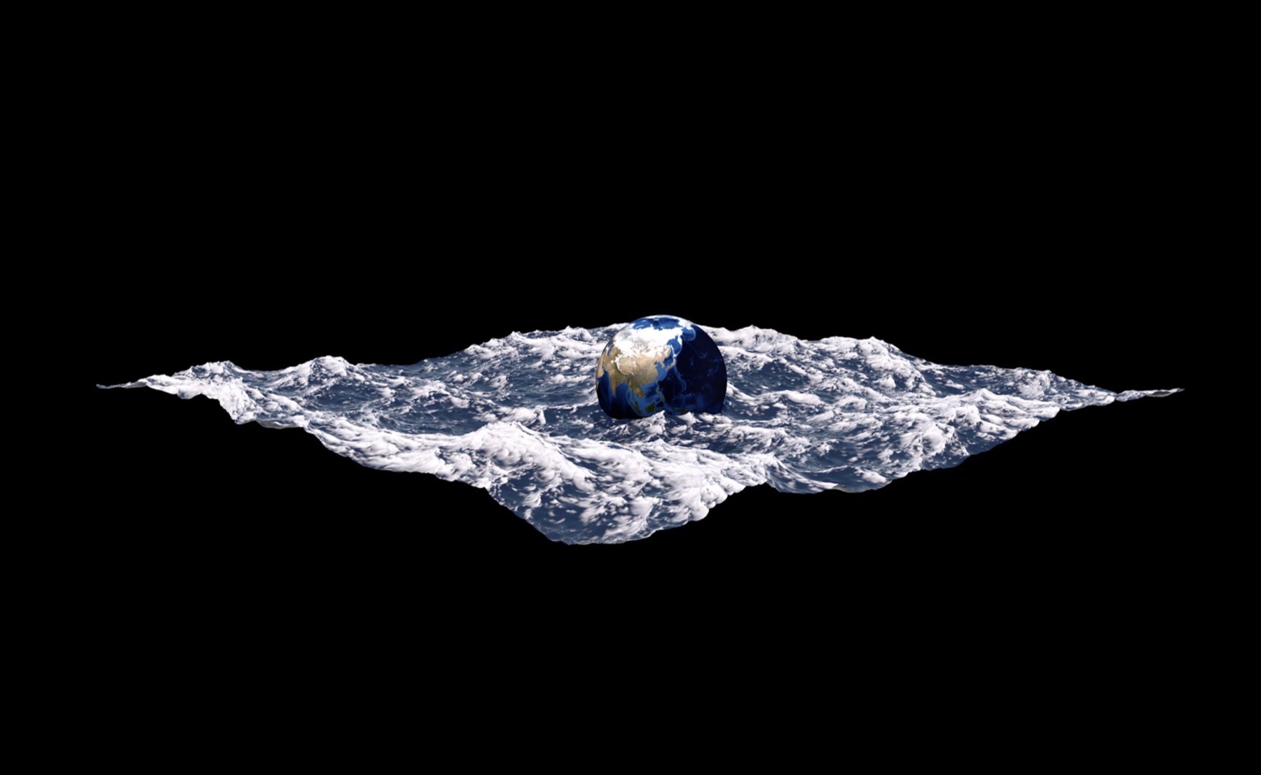 A projection of the earth half-submerged in a plane of water, against black.