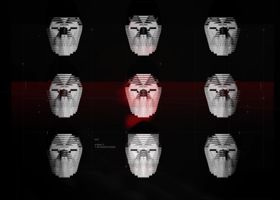 A grid of generative face-like forms in white and red on black, from the Object 9 animation.